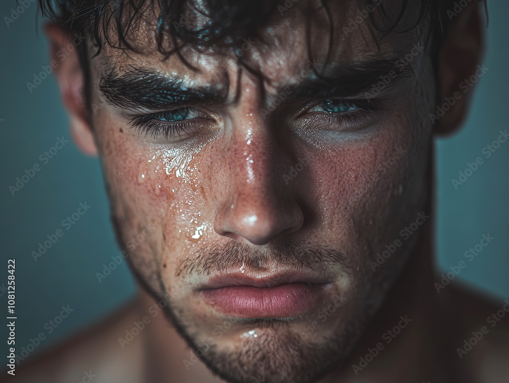 Man Wiping Tears in Subdued Minimalist Room, Healing Process, Emotional Struggle, Support Awareness Man Wiping Tears in Subdued Minimalist Room, Healing Process, Emotional Struggle, Support Awareness