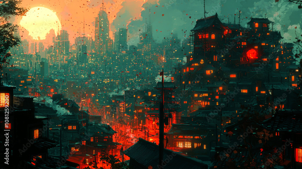 A fantasy cityscape with a large red moon in the sky, with buildings lit by warm orange lights, and falling cherry blossoms. A fantasy cityscape with a large red moon in the sky, with buildings lit by warm orange lights, and falling cherry blossoms.