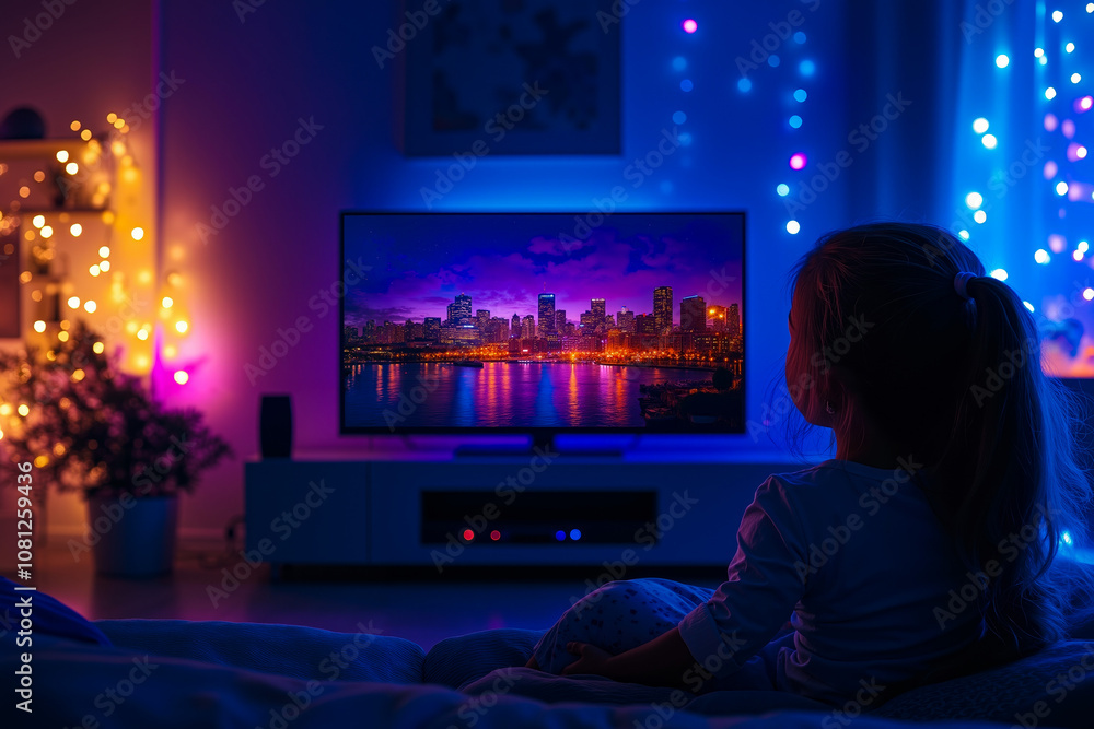 A little girl sitting on a couch watching television in a living room A little girl sitting on a couch watching television in a living room