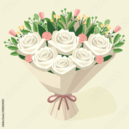flower bouquet with roses isolated on white background flat design