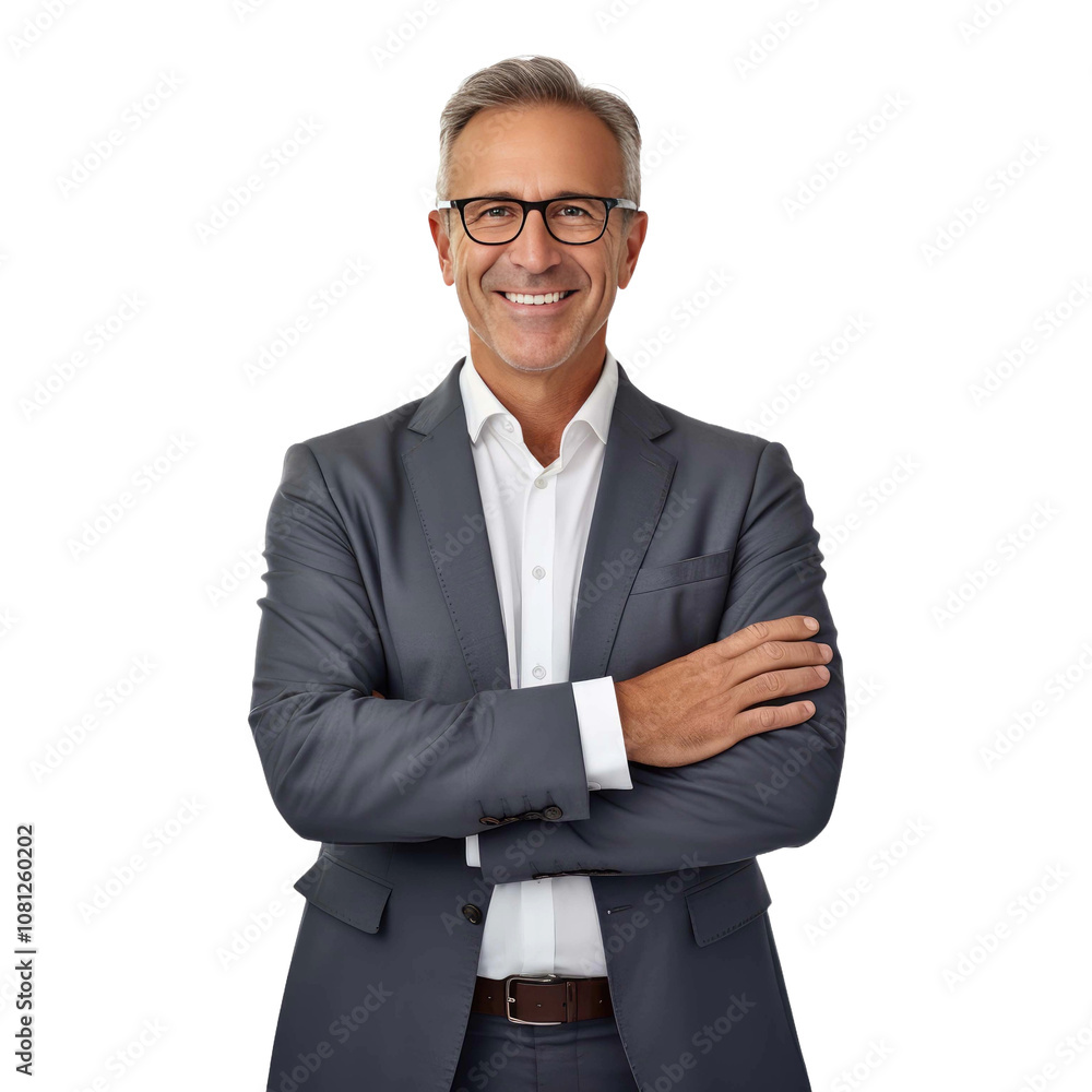 Middle-aged male business executive standing with arms crossed isolated on transparent background Middle-aged male business executive standing with arms crossed isolated on transparent background