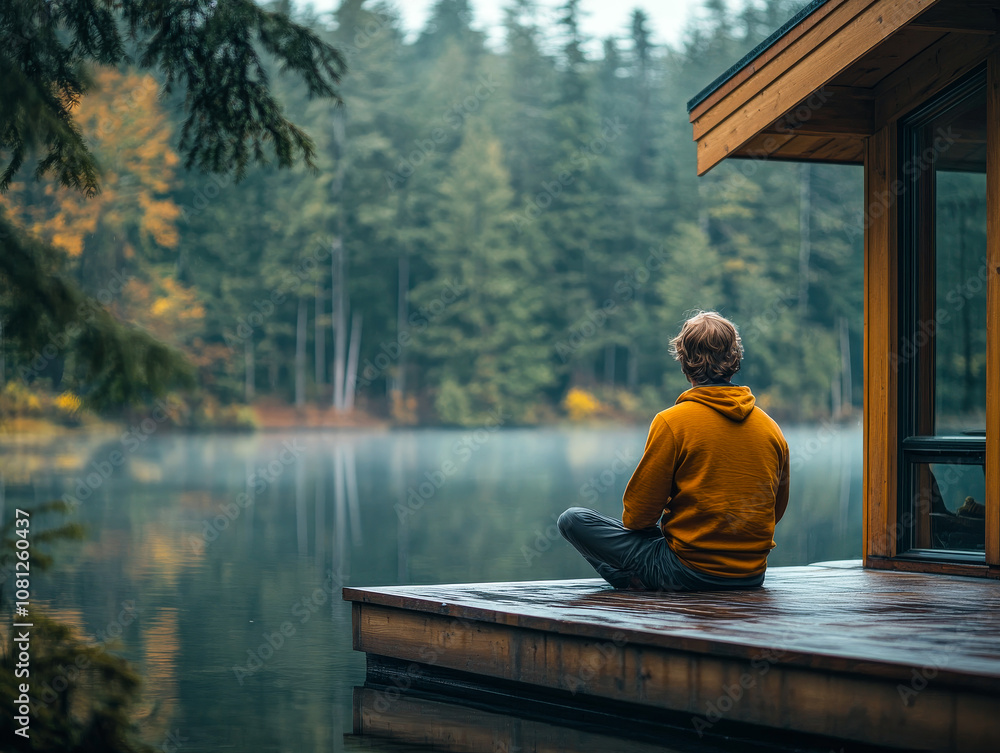 Man Meditating by a Lake in a Minimalist Natural Setting, Serenity and Reflection Man Meditating by a Lake in a Minimalist Natural Setting, Serenity and Reflection