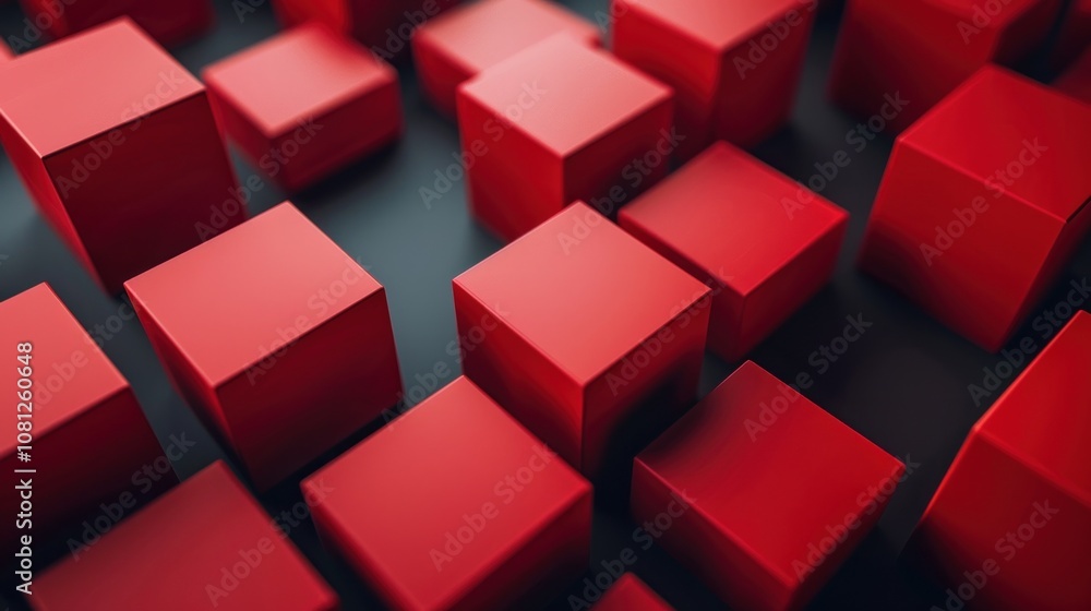A close-up shot of red cubes scattered on a black background. A close-up shot of red cubes scattered on a black background.