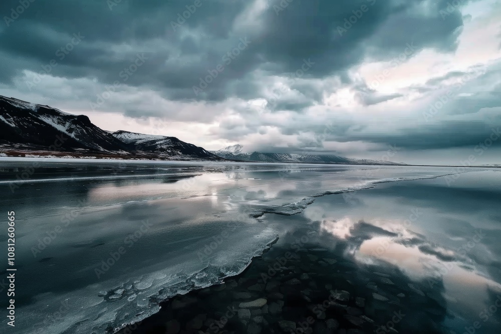 A dramatic icy landscape under turbulent skies casts a reflection on the frozen lake, evoking a sense of isolation and mystique. A dramatic icy landscape under turbulent skies casts a reflection on the frozen lake, evoking a sense of isolation and mystique.