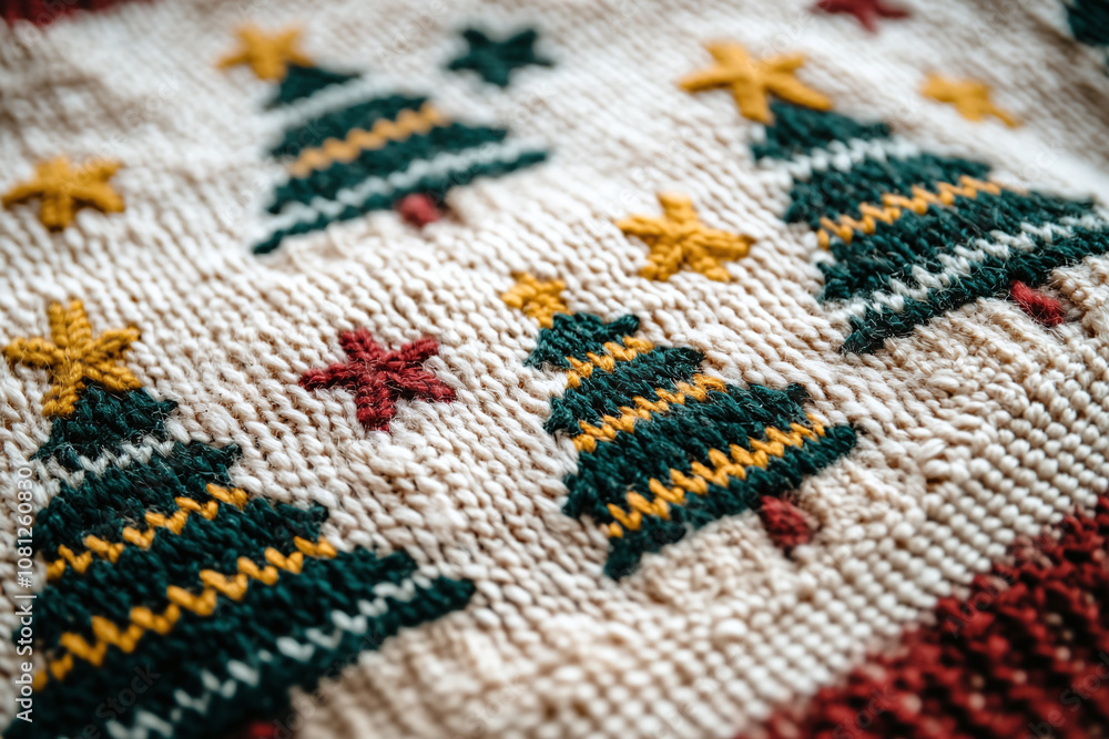 Festive christmas sweater pattern featuring minimalist christmas trees and stars, subtle wool texture. Festive christmas sweater pattern featuring minimalist christmas trees and stars, subtle wool texture.