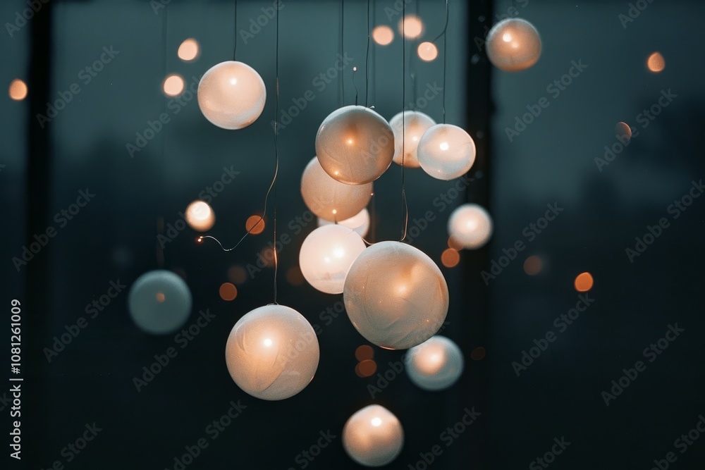 Softly glowing spherical bulbs hang suspended in a darkened space, creating a whimsical and enchanting atmosphere of warmth and wonder. Softly glowing spherical bulbs hang suspended in a darkened space, creating a whimsical and enchanting atmosphere of warmth and wonder.