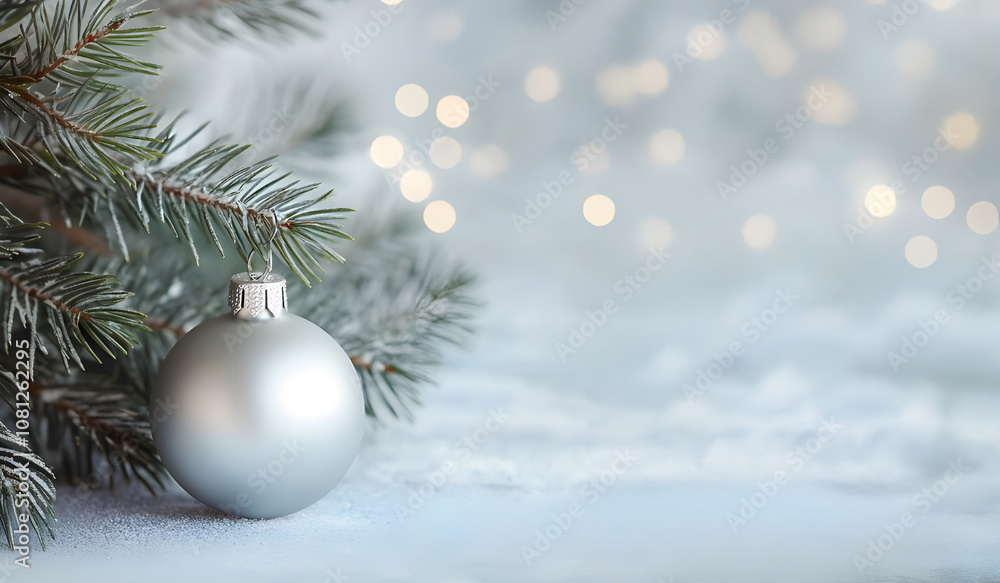 Elegant Silver Christmas Ornament on Snowy Pine Branch Elegant Silver Christmas Ornament on Snowy Pine Branch