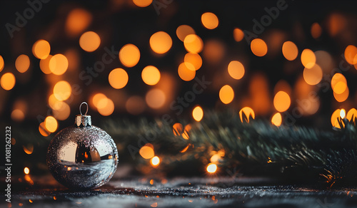 Festive Christmas Ornament With Glowing Lights and Pine Branch