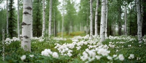 Birch trees stand amidst a lush field of white wildflowers, capturing the essence of springtime beauty and natural harmony.