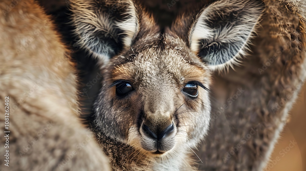 Fototapeta premium Joey peeking out of his mother's kangaroo pouch