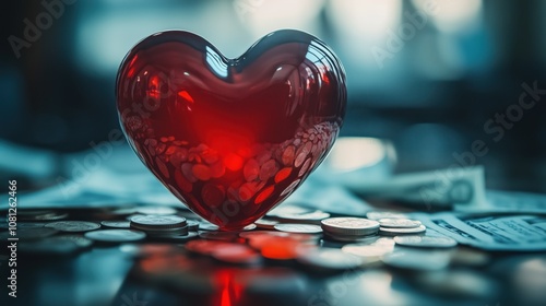 Glossy red heart surrounded by coins and bills, symbolizing love, generosity, and financial care.