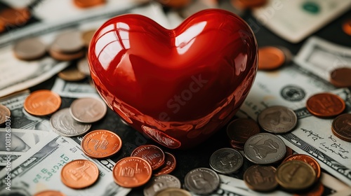 A glossy red heart alongside coins and dollar bills, representing love, wealth, and financial care.