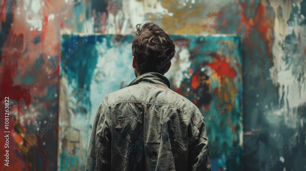 A male artist in a green shirt, with paint splattered on his clothes, stands in his studio and looks at a large canvas painting, with multiple other paintings in the background. A male artist in a green shirt, with paint splattered on his clothes, stands in his studio and looks at a large canvas painting, with multiple other paintings in the background.