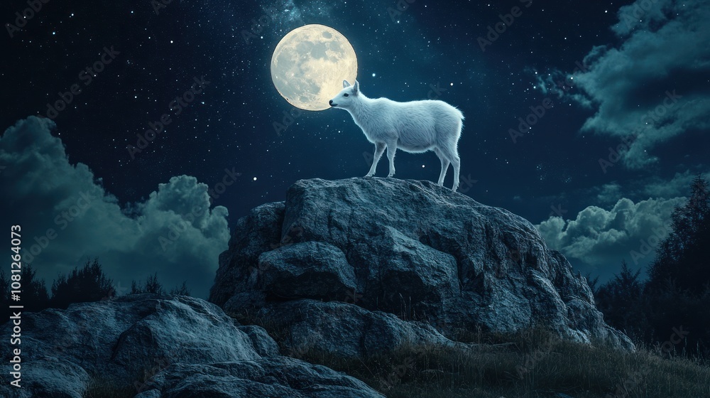 A white deer stands on a rock under a full moon in a starry night sky. A white deer stands on a rock under a full moon in a starry night sky.