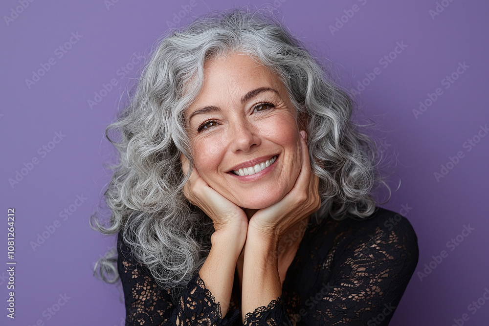 Middle-aged woman with natural grey curls laughing genuinely, soft purple backdrop. Middle-aged woman with natural grey curls laughing genuinely, soft purple backdrop.