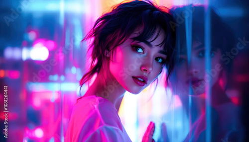 A vibrant portrait of a person illuminated by colorful neon lights, creating a striking contrast and emphasizing the subject’s features in a futuristic, artistic setting.