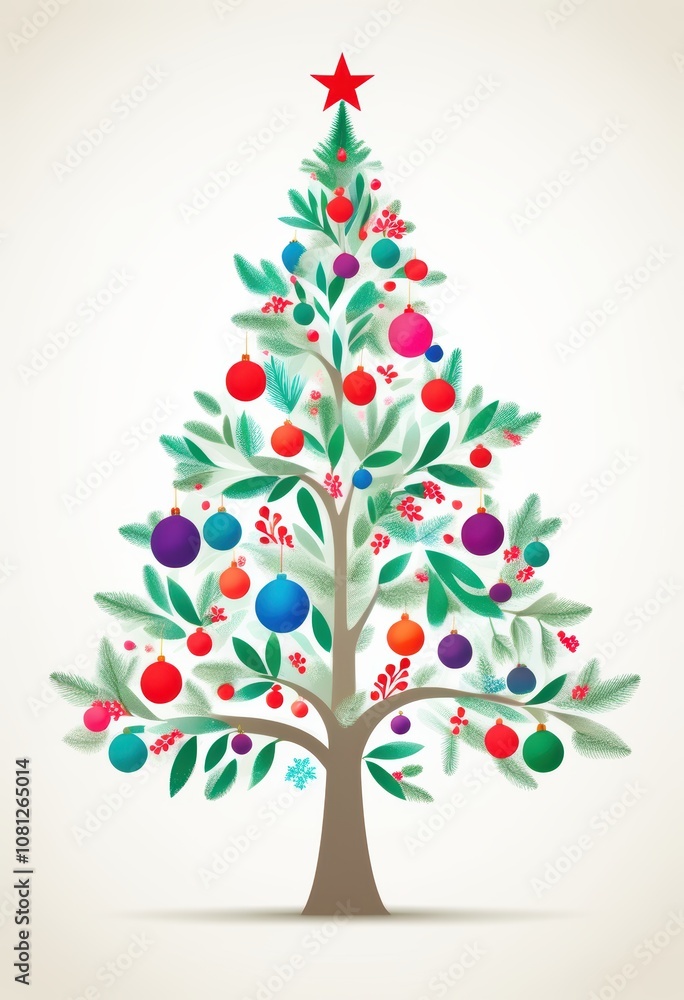Obraz premium Ein bunter, stilisierter Weihnachtsbaum mit farbenfrohen Kugeln und grünen Blättern, gekrönt von einem roten Stern, auf hellem Hintergrund. Fröhlich und modern. Generative KI