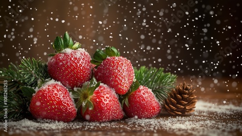 Fresh strawberries with pine branches and pinecones, dusted with snowflakes in a festive setting.