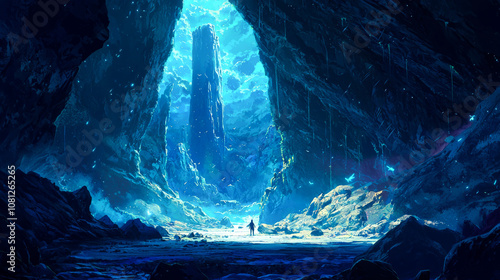 A lone figure stands in a blue, fantastical cave leading to a mysterious tower.