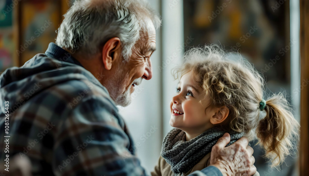 An elderly person and a child sharing a moment, gazing at each other in the mirror, symbolizing the connection between generations and the passage of time. An elderly person and a child sharing a moment, gazing at each other in the mirror, symbolizing the connection between generations and the passage of time.