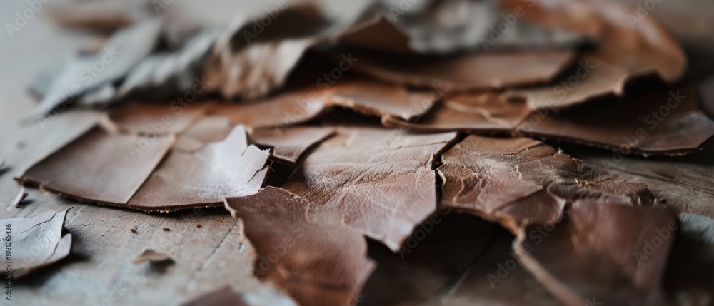 A close-up of weathered, cracked leaves on a wooden surface, exuding a rustic and organic atmosphere with rich textures and earthy tones. A close-up of weathered, cracked leaves on a wooden surface, exuding a rustic and organic atmosphere with rich textures and earthy tones.