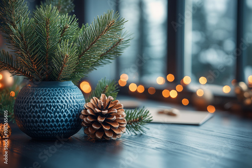 Wallpaper Mural A close-up of a desk with a small potted pine tree, festive stationery, and a New Year’s greeting card Torontodigital.ca