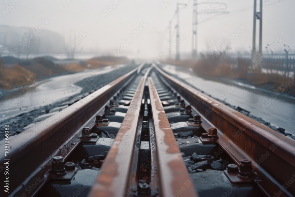 Fototapeta premium Rusty railway tracks stretching into mist, bordered by bare trees and puddles, suggest a journey into the unknown through a foggy landscape.