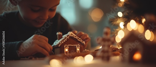 A child joyfully creates a gingerbread house beside a glowing Christmas tree, enveloped by the warmth of holiday lights.