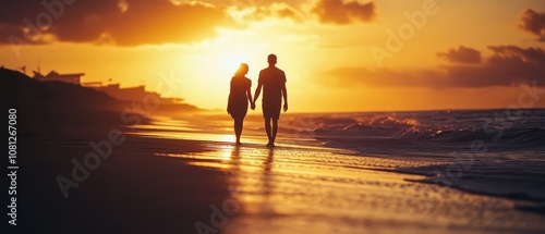 A couple strolls hand in hand along the shoreline during a vibrant sunset, capturing romance and serenity by the sea.