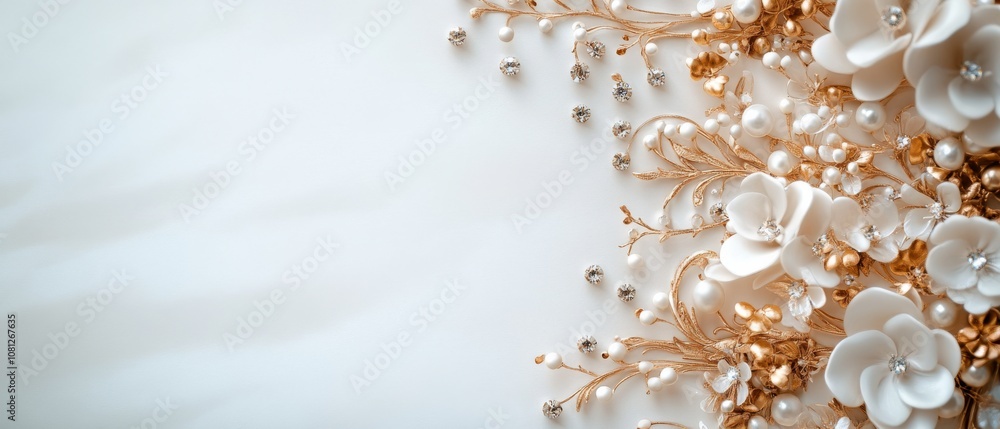 Elegant ivory and gold floral arrangement adorned with pearls, exuding sophistication and luxury against a soft, light background. Elegant ivory and gold floral arrangement adorned with pearls, exuding sophistication and luxury against a soft, light background.