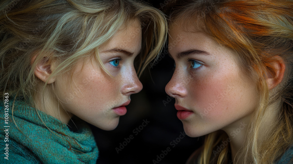 Two girls with captivating blue eyes face each other closely, conveying a deep connection and curiosity in a serene outdoor setting Two girls with captivating blue eyes face each other closely, conveying a deep connection and curiosity in a serene outdoor setting