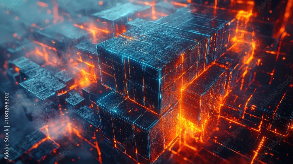 Abstract Digital Landscape Featuring Glowing Cubes with Bright Orange and Blue Highlights in a Smoky Atmosphere for Futuristic and Technological Themes Abstract Digital Landscape Featuring Glowing Cubes with Bright Orange and Blue Highlights in a Smoky Atmosphere for Futuristic and Technological Themes
