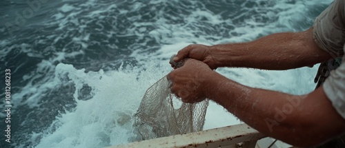 Weathered hands grip a net over turbulent ocean waves, capturing a moment of resilience and struggle at sea. photo