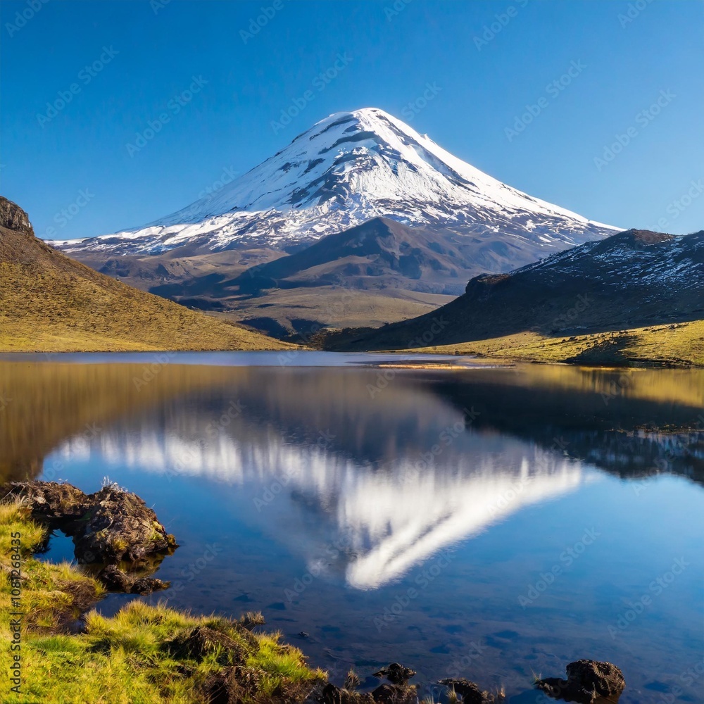 Snow-Capped Volcano Reflecting on the Still Waters of a Remote Mountain Lake, Surrounded by Rocky Shores and Grassy Slopes, Beneath a Clear Blue Sky Snow-Capped Volcano Reflecting on the Still Waters of a Remote Mountain Lake, Surrounded by Rocky Shores and Grassy Slopes, Beneath a Clear Blue Sky