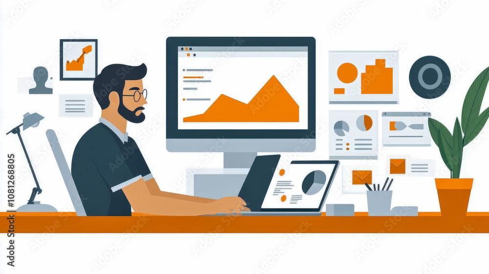 A focused individual analyzes data on a laptop while monitoring charts and presentations on a large monitor in a bright office space A focused individual analyzes data on a laptop while monitoring charts and presentations on a large monitor in a bright office space