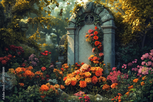 Fototapeta Naklejka Na Ścianę i Meble -  A cemetery with roses growing around a tombstone in the middle of a garden