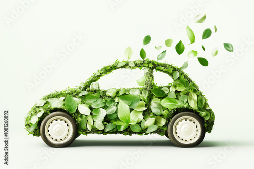 Eco Green Car Made of Leaves Isolated. No Pollution and Emmission Transportation Concept photo