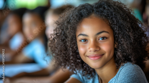 A cheerful girl with curly hair sits at her desk, engaging in learning with classmates in a bright classroom