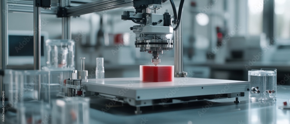Fototapeta premium A precise 3D printer assembles a red object in a sterile lab, showcasing technological innovation and scientific advancement.