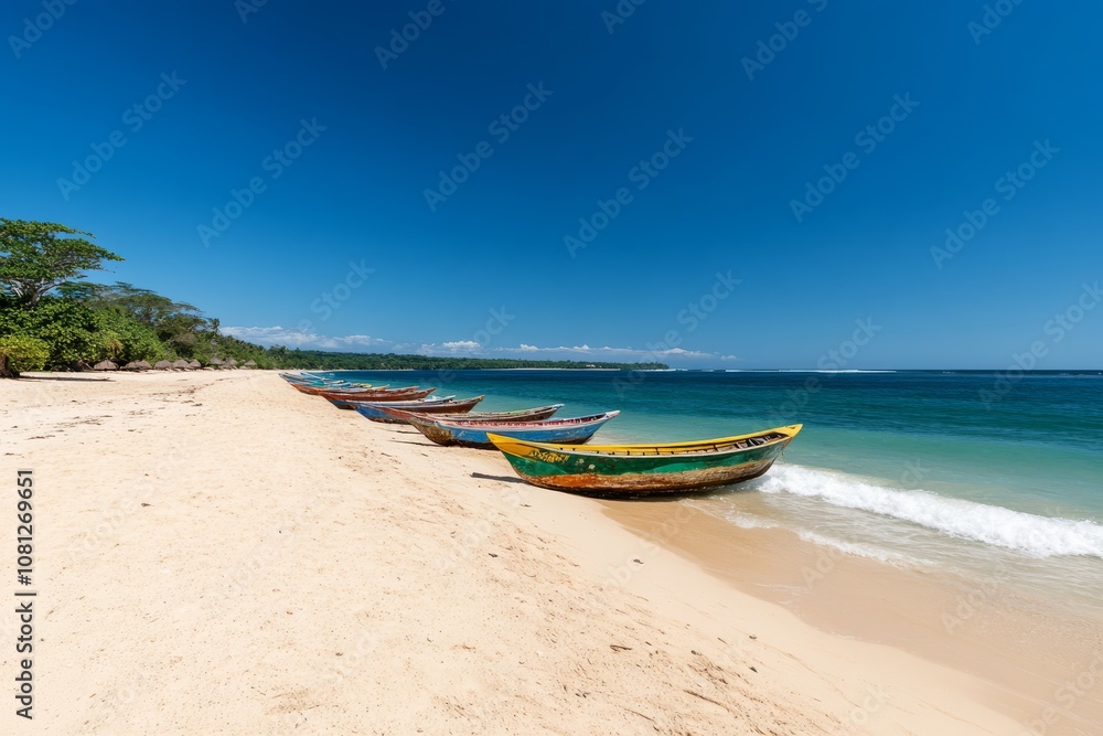 Cropped shot of traditional Balinese fishing boats,เรียงกันอยู่บนชายหาด, with blue ocean waves and copy space. Cropped shot of traditional Balinese fishing boats,เรียงกันอยู่บนชายหาด, with blue ocean waves and copy space.