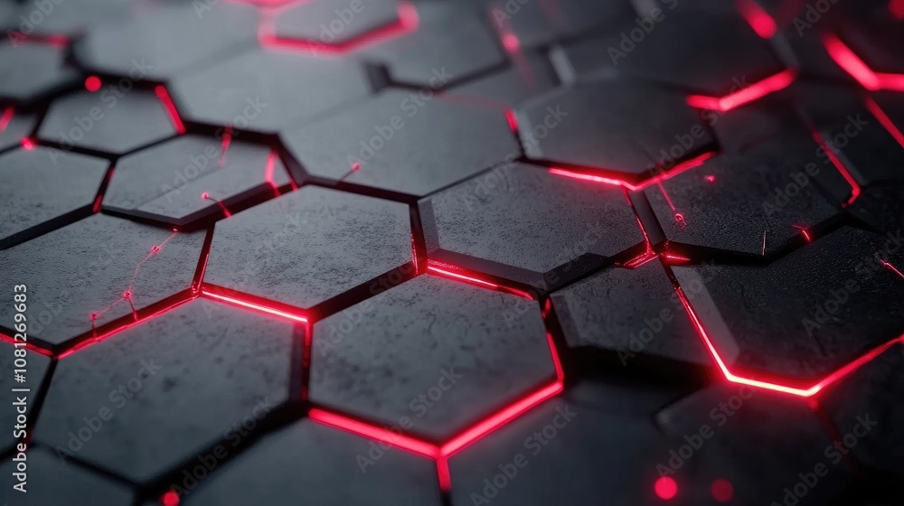 Futuristic Hexagonal Pattern with Glowing Red Edges on a Dark Surface, Perfect for Science Fiction, Technology, and Contemporary Backgrounds and Designs Futuristic Hexagonal Pattern with Glowing Red Edges on a Dark Surface, Perfect for Science Fiction, Technology, and Contemporary Backgrounds and Designs