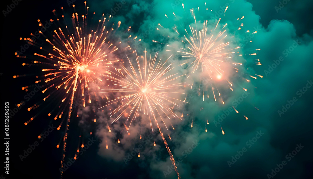 Fototapeta premium Fireworks explode in vibrant, unusual colors like greens, turquoises, and purples, creating a spectacular display of unexpected hues against the night sky.