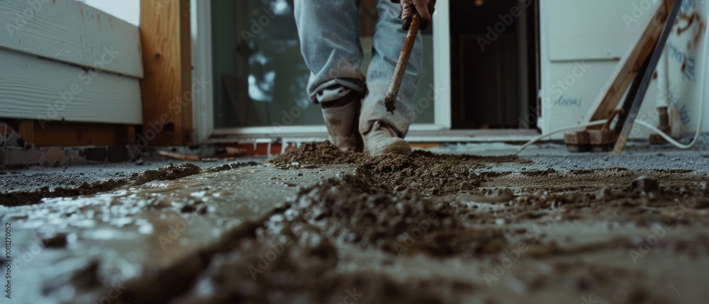 A construction worker meticulously smooths wet concrete on a building site, symbolizing hard work and craftsmanship in progress. A construction worker meticulously smooths wet concrete on a building site, symbolizing hard work and craftsmanship in progress.