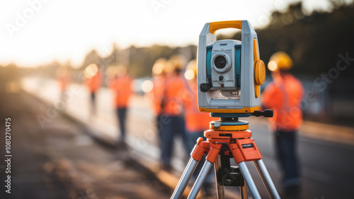 A group of construction workers are standing behind a device that looks like a camera. The camera is on a tripod and is pointed at the road. The workers are wearing orange vests and hard hats