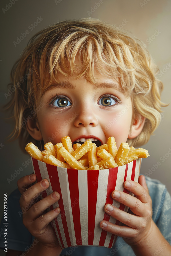 A little boy eating french fries in a red and white striped box A little boy eating french fries in a red and white striped box