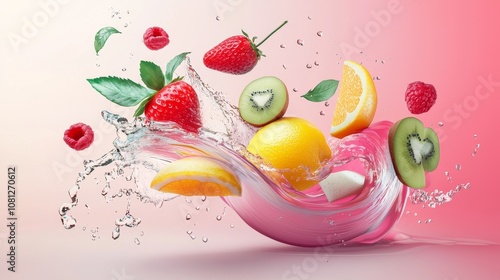 Fototapeta Naklejka Na Ścianę i Meble -  Fresh fruits splashing in water against a pink background