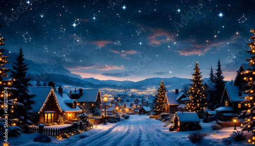 A magical Christmas village where the lights on the houses form constellations in the sky, creating a festive and celestial holiday atmosphere.