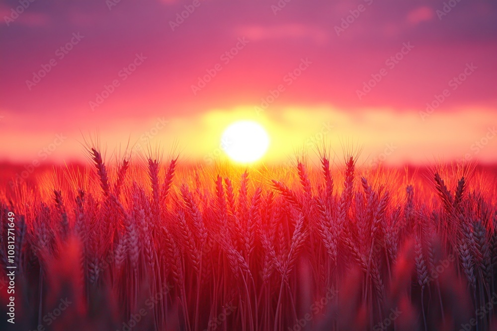 A vibrant sunset casts a warm glow over a field of golden wheat, creating a picturesque scene of nature's beauty. A vibrant sunset casts a warm glow over a field of golden wheat, creating a picturesque scene of nature's beauty.