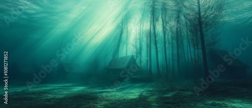 Submerged village with ethereal light beams filters through tall trees, casting a mystical, underwater ambiance over wooden cabins. photo