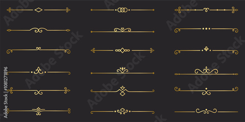 Gold text dividers doodle set. Wedding decorative elements. Divider ornament, borders, vintage line separators. Hand drawn vector illustration isolated on black background